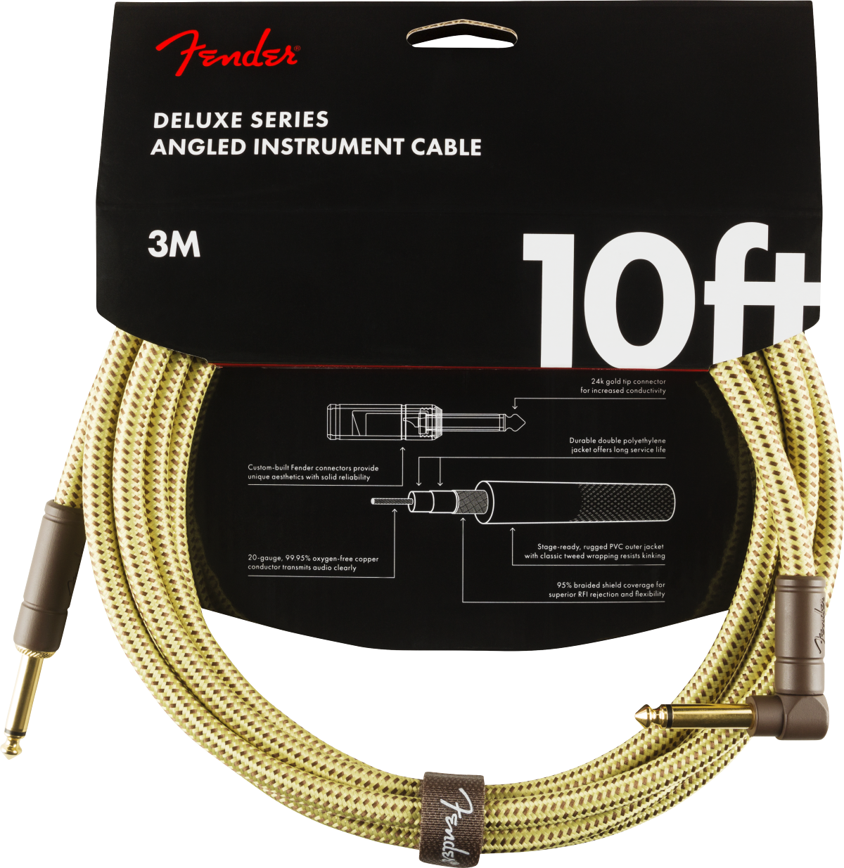 Fender Deluxe Series Instrument Cable, Straight/Angle, 10 Ft, Tweed