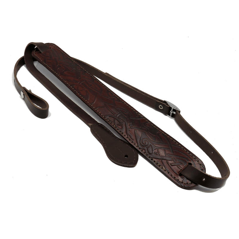 Leathergraft Mandolin Strap Embossed Narrow 1.5in Pad Brown - full instrument
