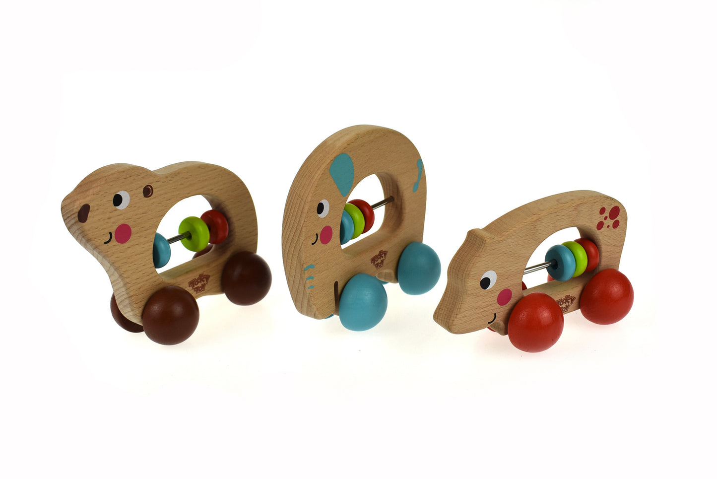 Tooky Toy Animal Rollers – Beech Wood Push Toys (Elephant, Lion, Turtle)