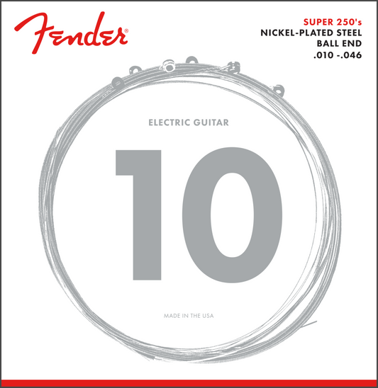 Fender Super 250 Guitar Strings, Nickel Plated Steel, Ball End, 250R Gauges .010-.046, (6)