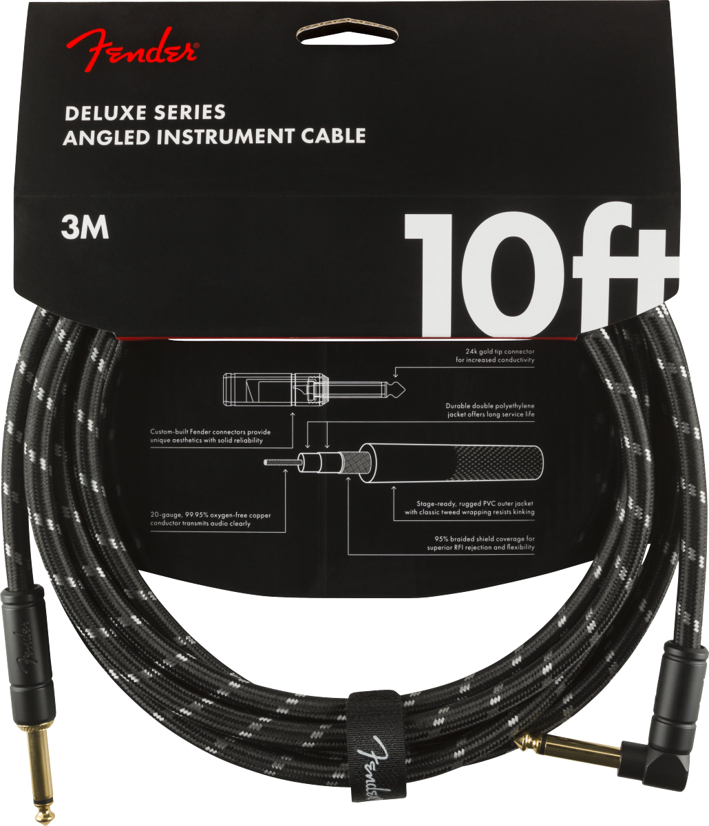 Fender Deluxe Series Instrument Cable, Straight/Angle, 10 Ft, Black Tweed