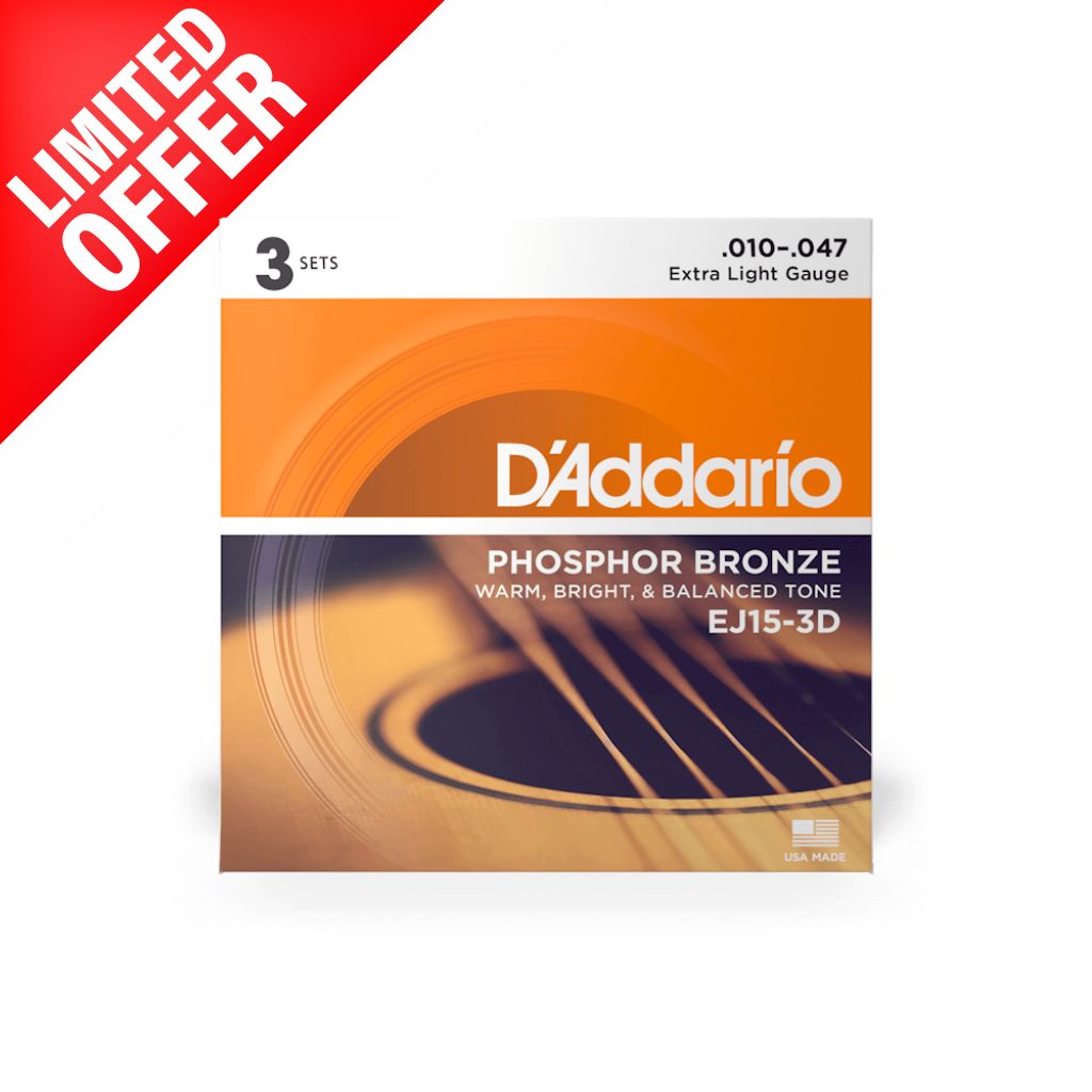 D'Addario - EJ15-3D - 3 Pack Phosphor Bronze Extra Light 10-47 - Acoustic Guitar Strings