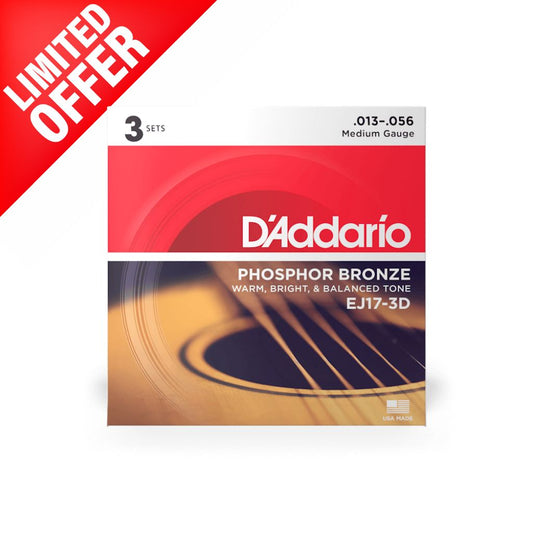 D'Addario - EJ17-3D - 3 Pack Phosphor Bronze Medium 13-56 - Acoustic Guitar Strings