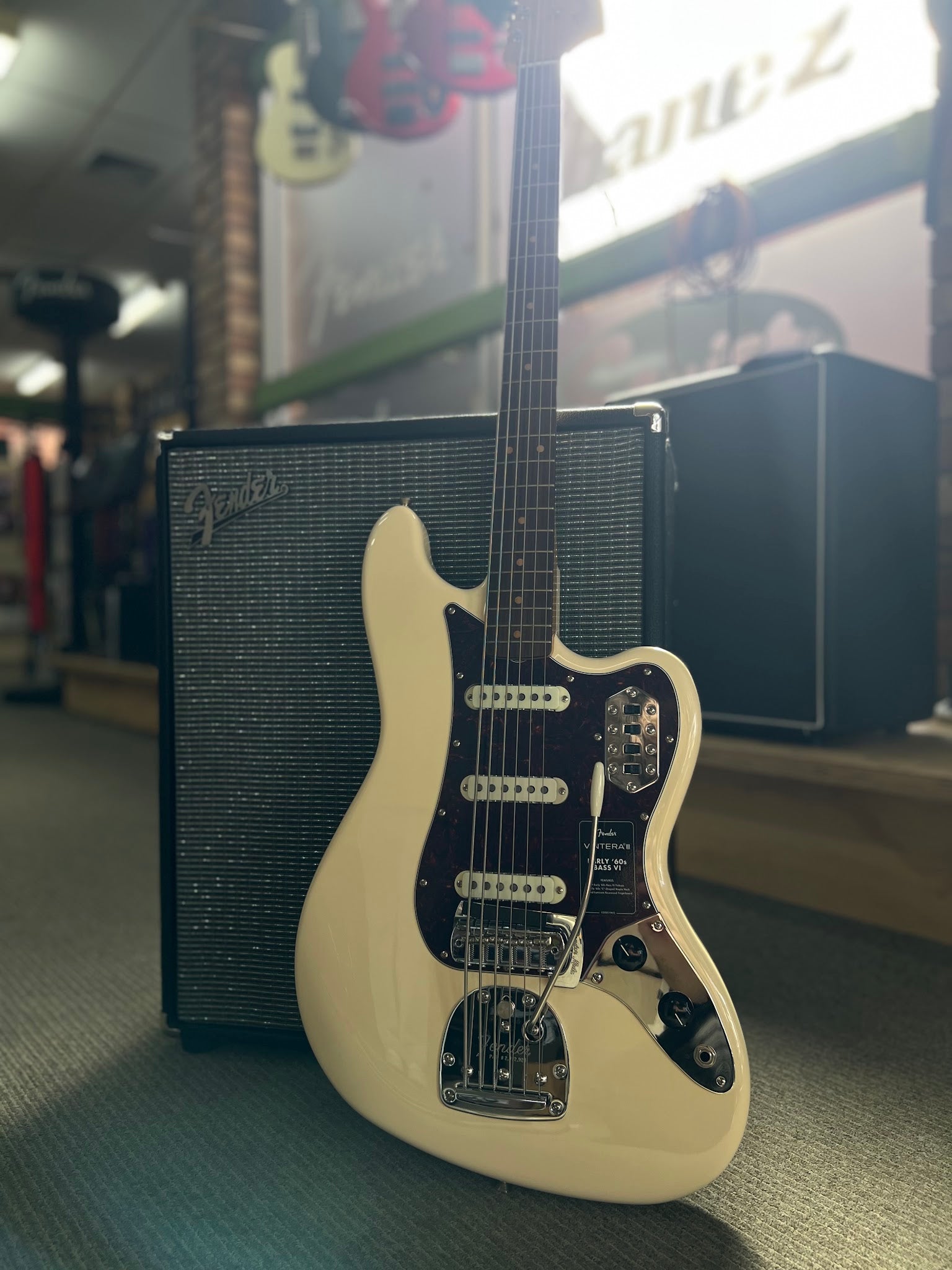 Fender Vintera III Early '60s Bass VI, Rosewood Fingerboard, Olympic White — photographed in store at The Soundtrap, Mildura
