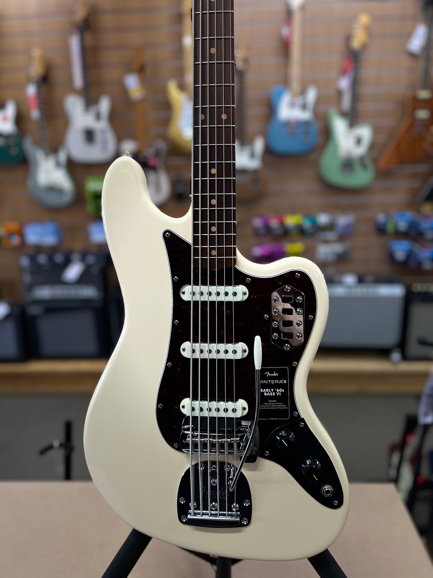 Fender Vintera III Early '60s Bass VI, Rosewood Fingerboard, Olympic White — photographed in store at The Soundtrap, Mildura