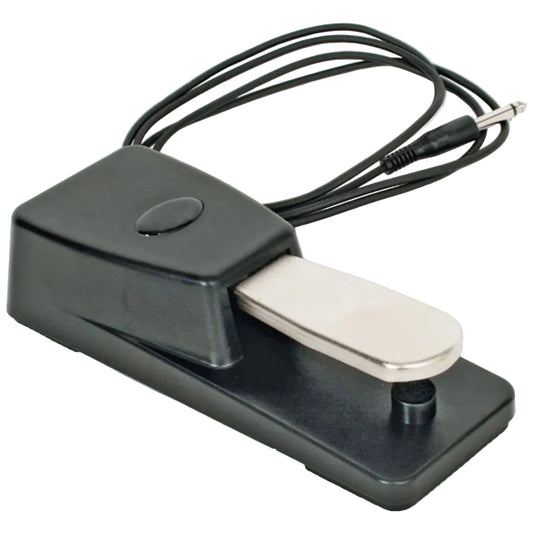 A black electronic foot pedal with a silver metal lever and a black cable ending in a jack plug, shown on a white background.