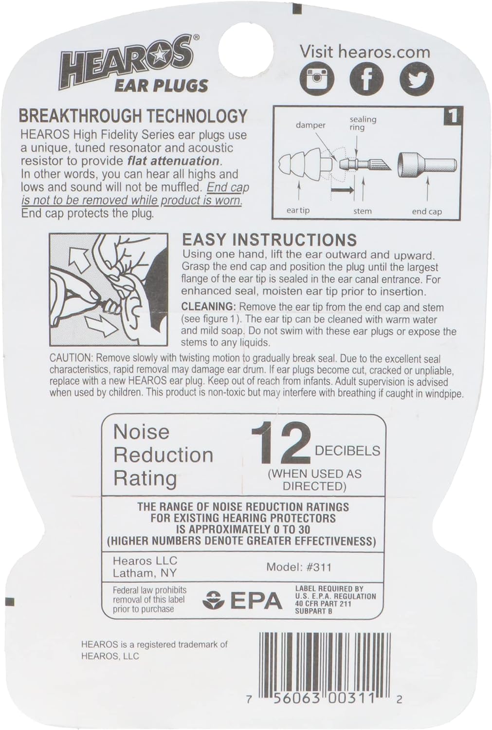 Hearos HS311 Small High Fidelity Series Ear Plugs (1 pair) NRR 12dB