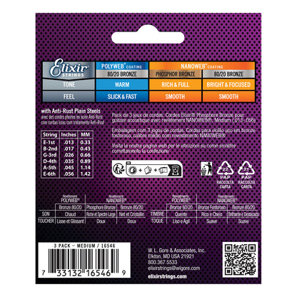 Elixir 16570 Nanoweb Phosphor Bronze 13-56 3 Pack Medium