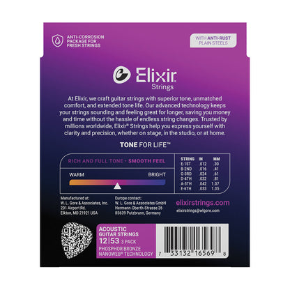 Elixir 165659 Nanoweb Phosphor Bronze 12-53 3 Pack Light