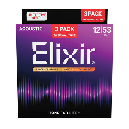 Elixir 165659 Nanoweb Phosphor Bronze 12-53 3 Pack Light