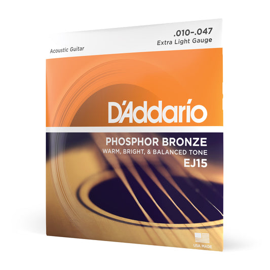 DAddario EJ15 Phosphor Bronze Acoustic Guitar Strings, Extra Light, 10-47