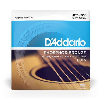 DAddario EJ16 Phosphor Bronze Acoustic Guitar Strings, Light, 12-53