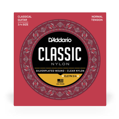 DAddario EJ27N 3/4 Student Nylon Fractional Classical Guitar Strings, Normal Tension