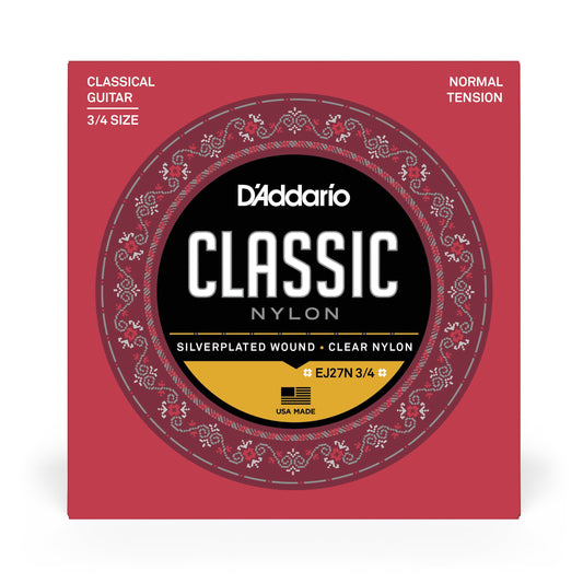 DAddario EJ27N 3/4 Student Nylon Fractional Classical Guitar Strings, Normal Tension