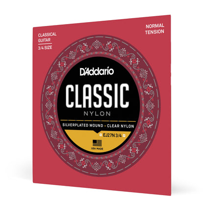 DAddario EJ27N 3/4 Student Nylon Fractional Classical Guitar Strings, Normal Tension