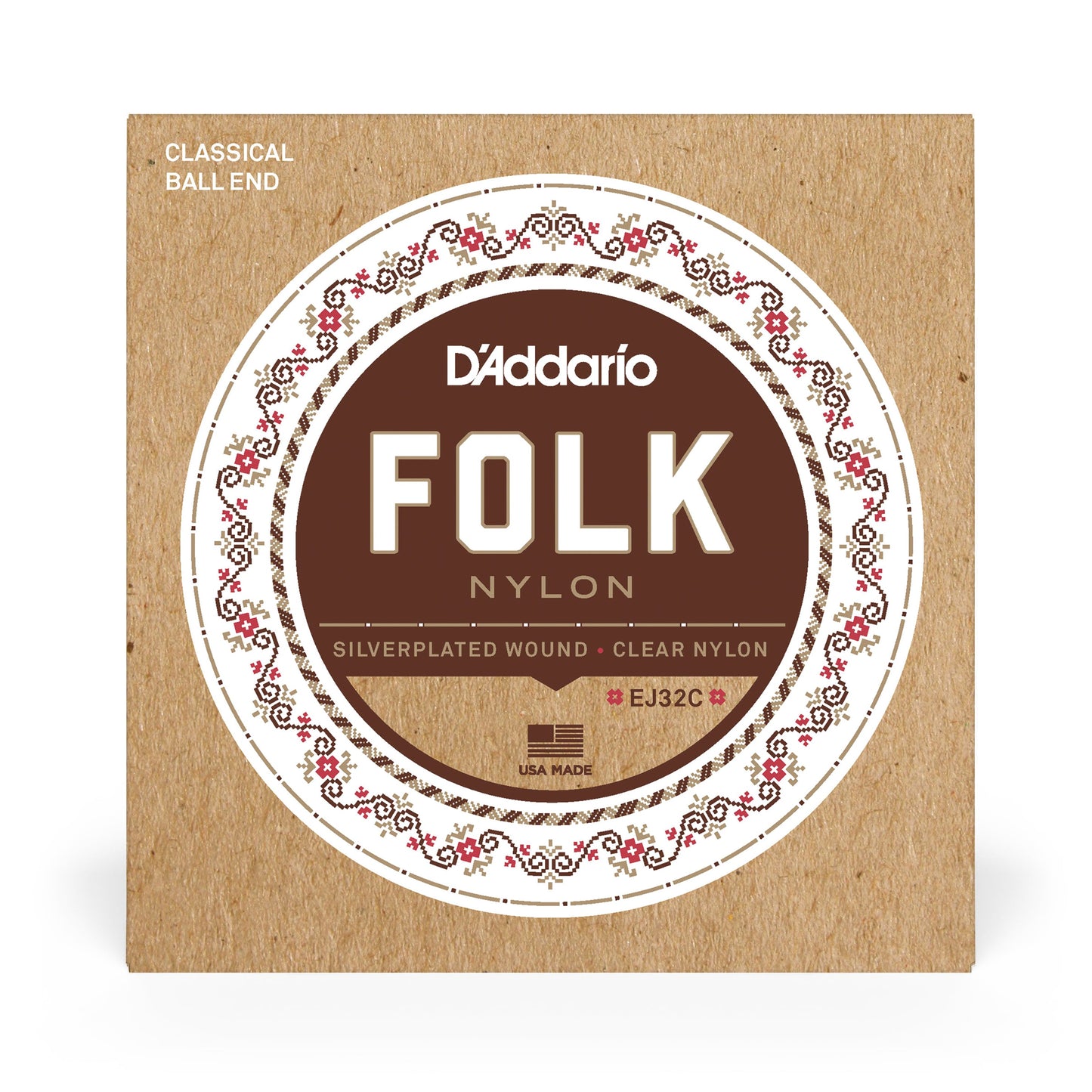 D'Addario EJ32C Folk Nylon Guitar Strings, Ball End, Silver Wound/Clear Nylon Trebles
