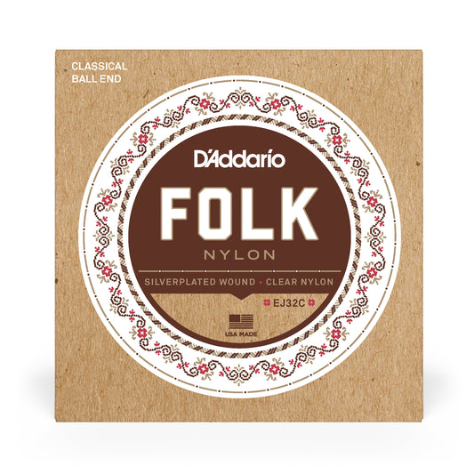 D'Addario EJ32C Folk Nylon Guitar Strings, Ball End, Silver Wound/Clear Nylon Trebles
