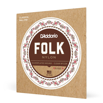 D'Addario EJ32C Folk Nylon Guitar Strings, Ball End, Silver Wound/Clear Nylon Trebles