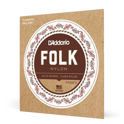 D'Addario EJ33 Folk Nylon Guitar Strings, Ball End, 80/20 Bronze/Clear Nylon Trebles