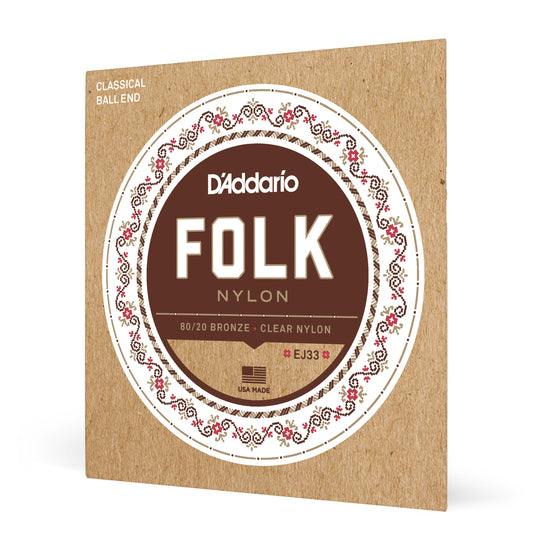 D'Addario EJ33 Folk Nylon Guitar Strings, Ball End, 80/20 Bronze/Clear Nylon Trebles
