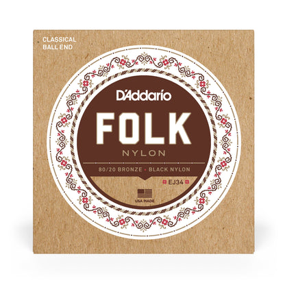 D'Addario EJ34 Folk Nylon Guitar Strings, Ball End, 80/20 Bronze/Black Nylon Trebles