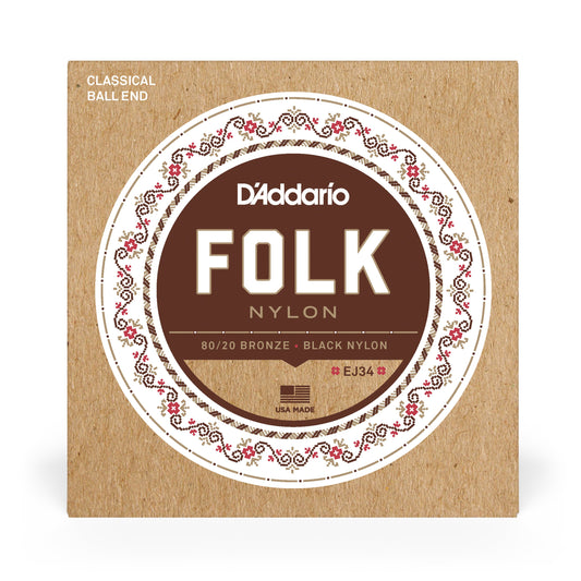 D'Addario EJ34 Folk Nylon Guitar Strings, Ball End, 80/20 Bronze/Black Nylon Trebles