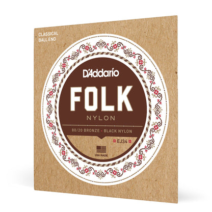 D'Addario EJ34 Folk Nylon Guitar Strings, Ball End, 80/20 Bronze/Black Nylon Trebles