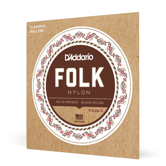 D'Addario EJ34 Folk Nylon Guitar Strings, Ball End, 80/20 Bronze/Black Nylon Trebles