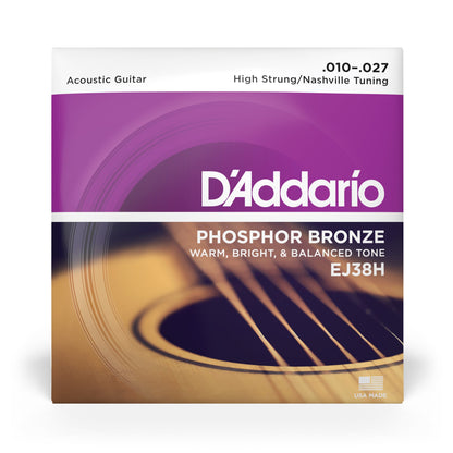 DAddario EJ38H Phosphor Bronze Acoustic Guitar Strings, High Strung/Nashville Tuning, 10-27