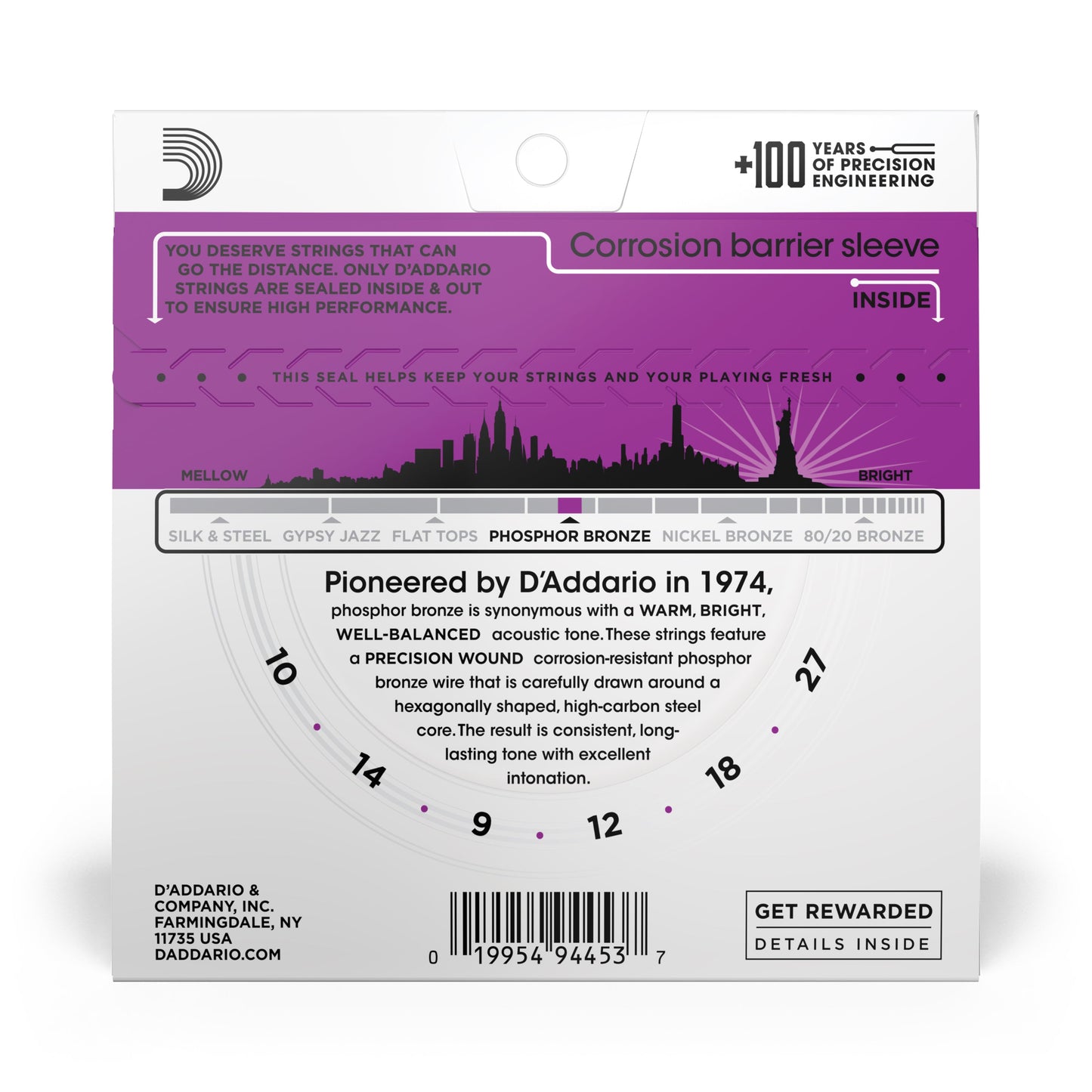 DAddario EJ38H Phosphor Bronze Acoustic Guitar Strings, High Strung/Nashville Tuning, 10-27