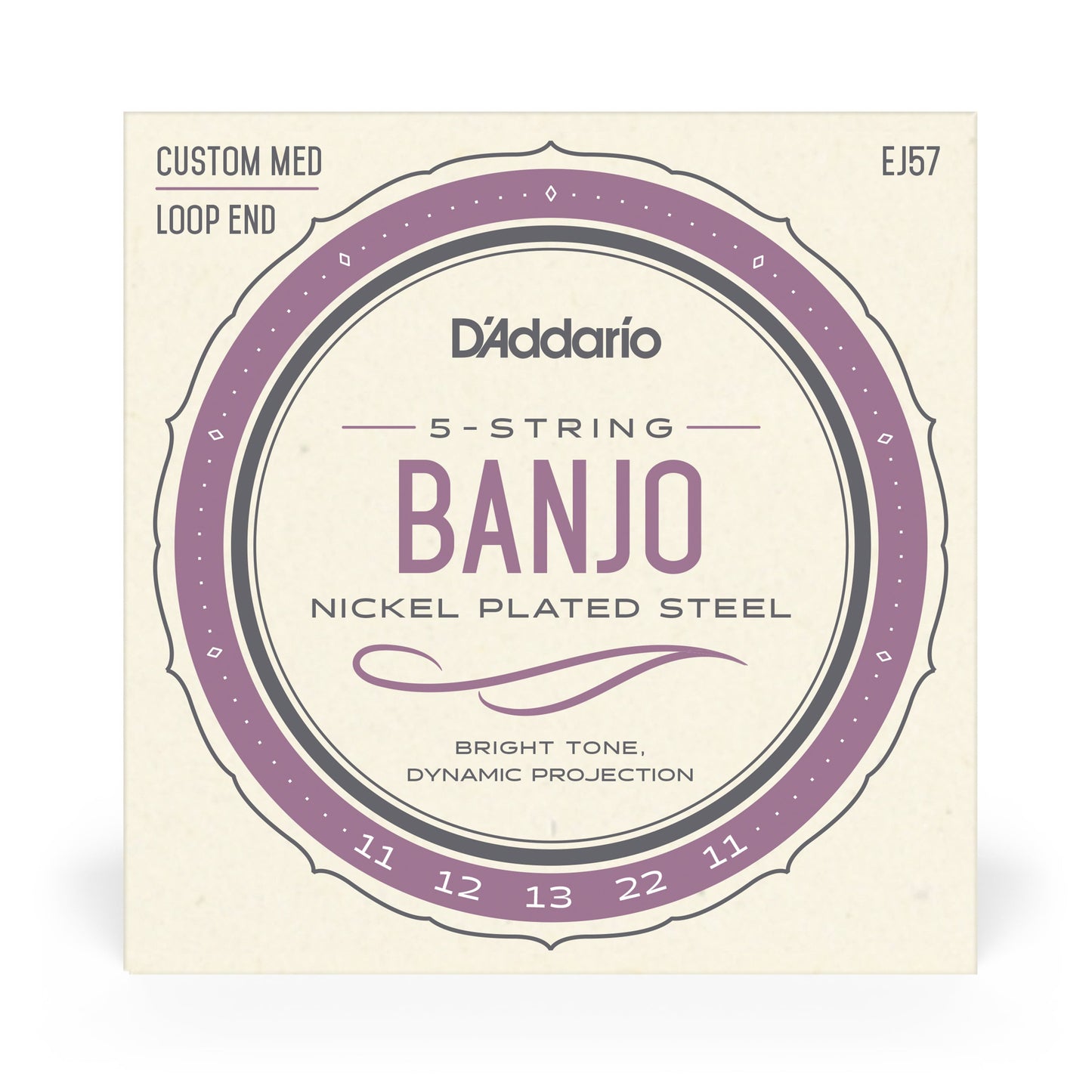 D'Addario EJ57 5-String Banjo Strings, Nickel Plated Steel Custom Medium, 11-22