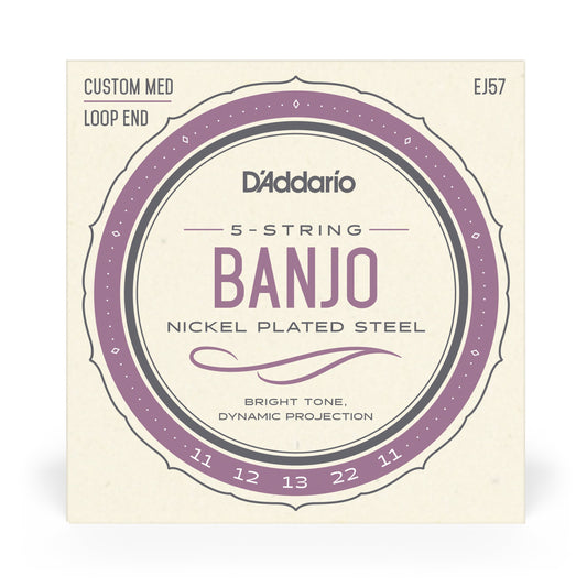 D'Addario EJ57 5-String Banjo Strings, Nickel Plated Steel Custom Medium, 11-22