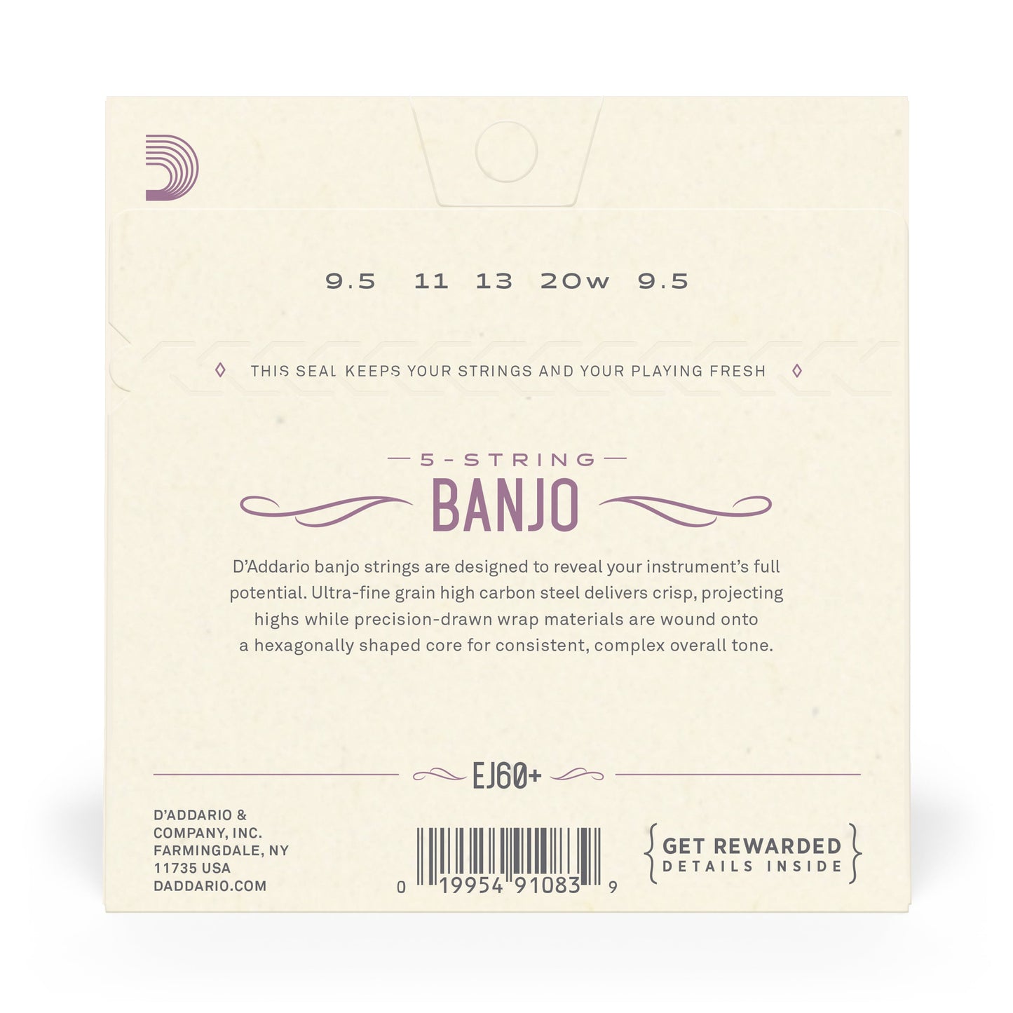 D'Addario EJ60+ 5-String Banjo Strings, Nickel, Light Plus, 9.5-20