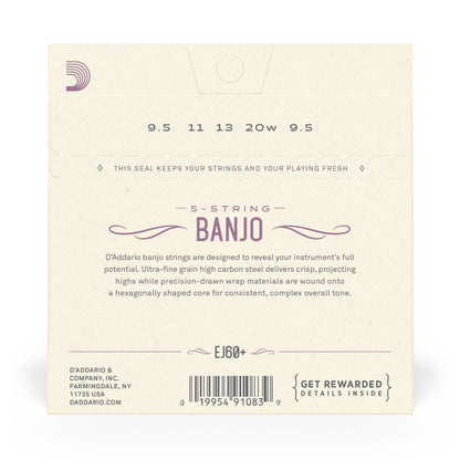 D'Addario EJ60+ 5-String Banjo Strings, Nickel, Light Plus, 9.5-20