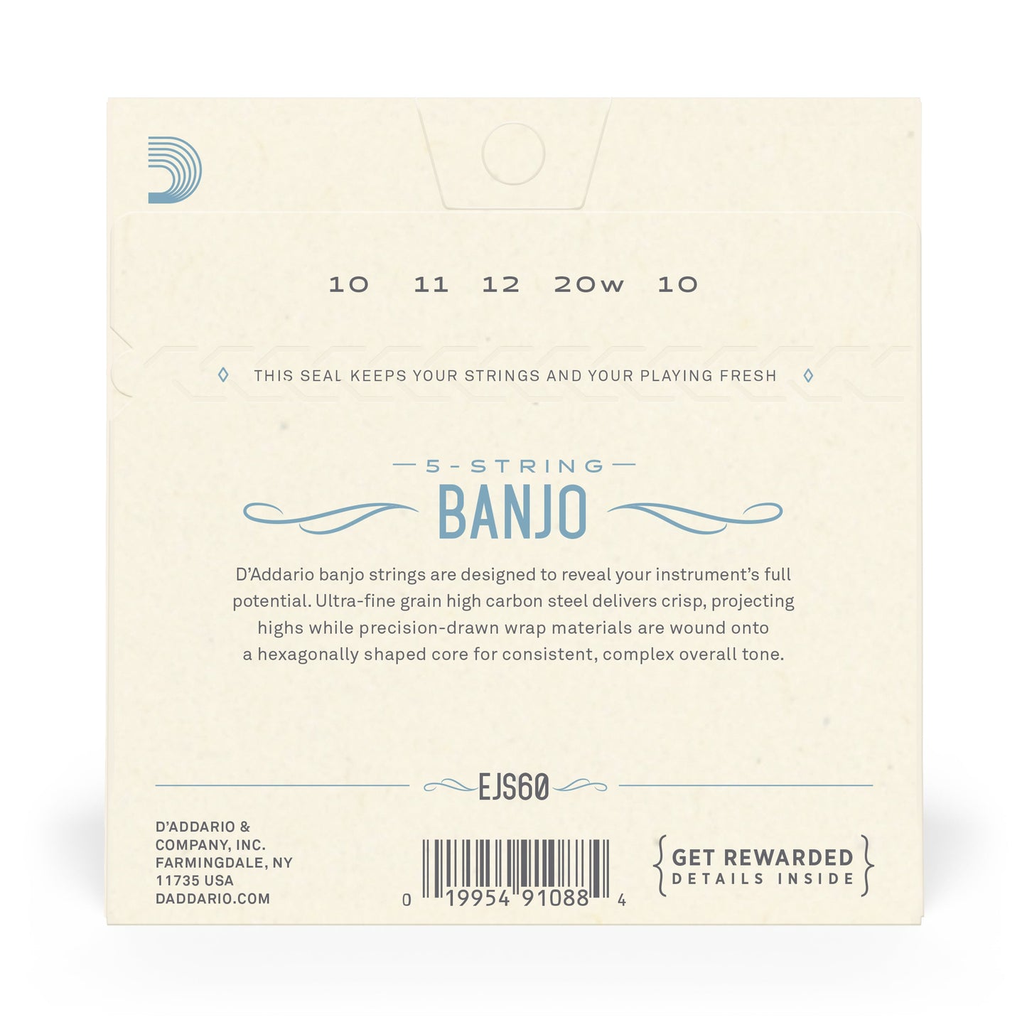 D'Addario EJS60 5-String Banjo Strings, Stainless Steel, Light, 9-20