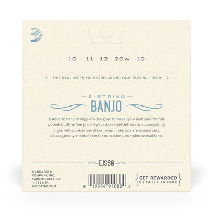 D'Addario EJS60 5-String Banjo Strings, Stainless Steel, Light, 9-20