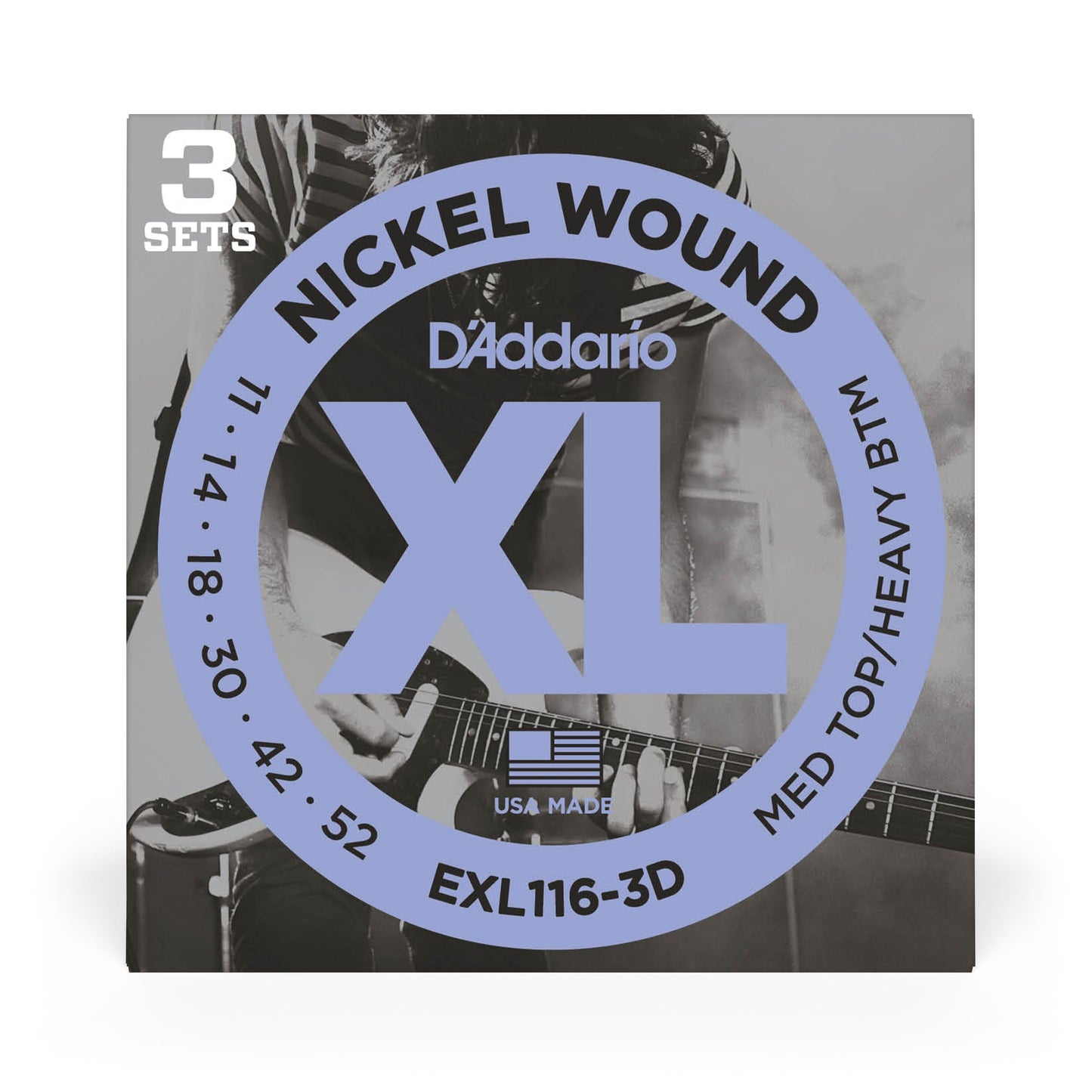 D'Addario EXL116-3D Nickel Wound Electric Guitar Strings, Medium Top/Heavy Bottom, 11-52, 3 Sets