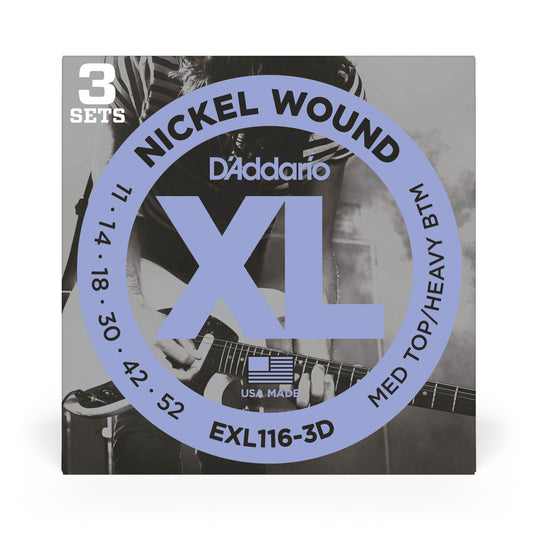 D'Addario EXL116-3D Nickel Wound Electric Guitar Strings, Medium Top/Heavy Bottom, 11-52, 3 Sets