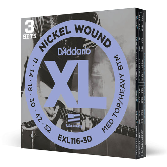 D'Addario EXL116-3D Nickel Wound Electric Guitar Strings, Medium Top/Heavy Bottom, 11-52, 3 Sets