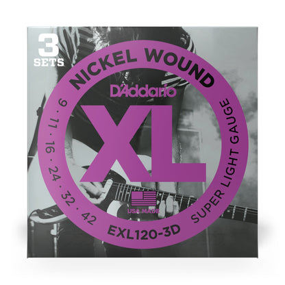 D'Addario - EXL120-3D - 3 Pack Nickel Wound Super Light 9-42 - Electric Guitar Strings