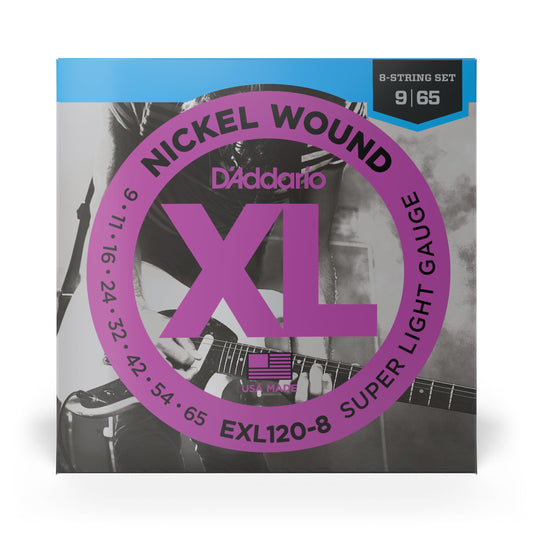 DAddario EXL120-8 8-String Nickel Wound Electric Guitar Strings, Super Light, 09-65