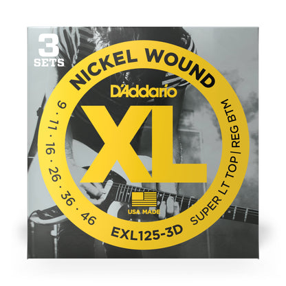 D'Addario - EXL125-3D - 3 Pack Nickel Wound Super Light Top Regular Bottom 9-46 - Electric Guitar Strings