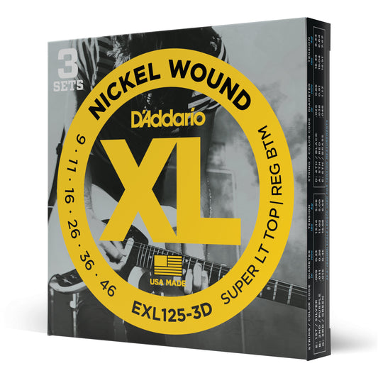 D'Addario - EXL125-3D - 3 Pack Nickel Wound Super Light Top Regular Bottom 9-46 - Electric Guitar Strings