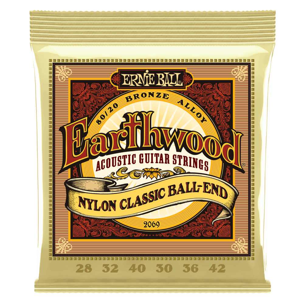 Ernie Ball Earthwood Folk Nylon, Clear & Gold Ball End, 80/20 Bronze Acoustic Guitar Strings - 28-42 Gauge