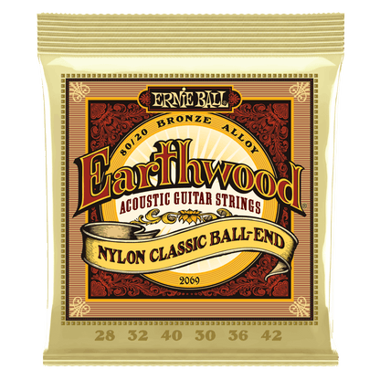 Ernie Ball Earthwood Folk Nylon, Clear & Gold Ball End, 80/20 Bronze Acoustic Guitar Strings - 28-42 Gauge