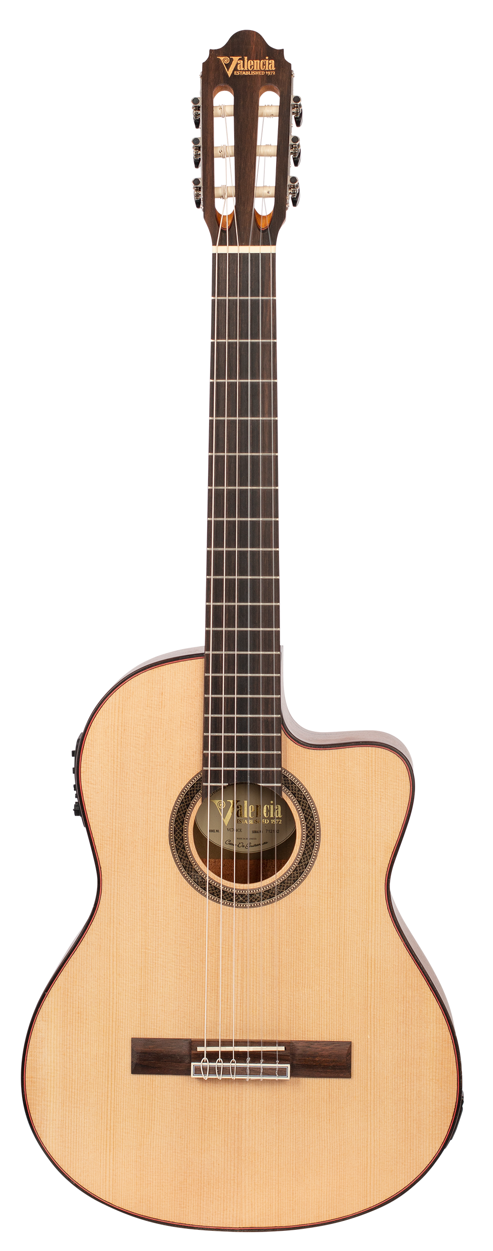 Valencia VC704CE 4/4 size Solid Top electric/acoustic classical guitar with Venetian cutaway