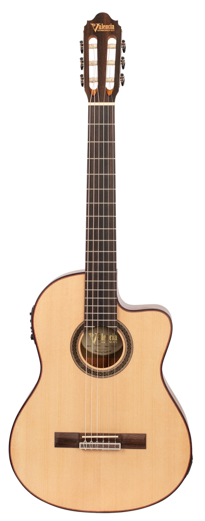 Valencia VC704CE 4/4 size Solid Top electric/acoustic classical guitar with Venetian cutaway