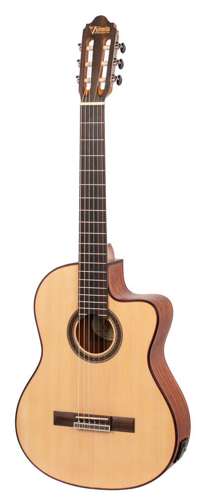 Valencia VC704CE 4/4 size Solid Top electric/acoustic classical guitar with Venetian cutaway