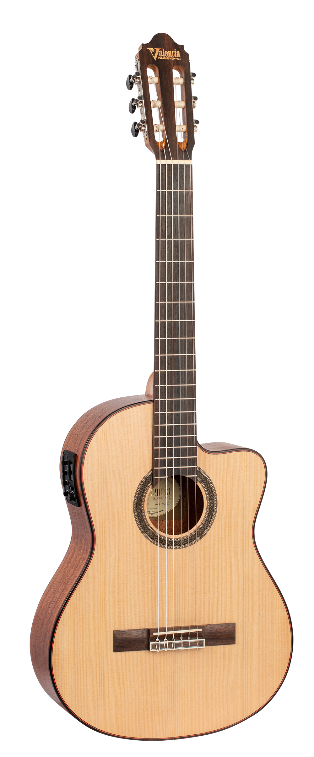 Valencia VC704CE 4/4 size Solid Top electric/acoustic classical guitar with Venetian cutaway