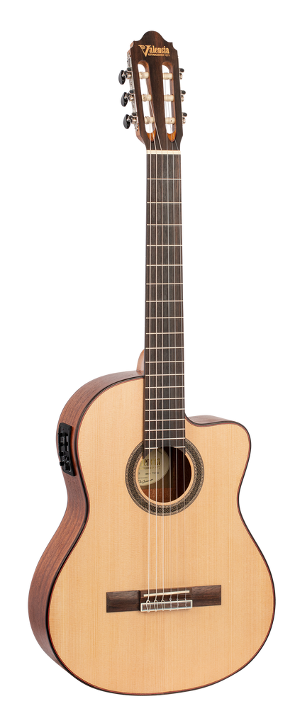 Valencia VC704CE 4/4 size Solid Top electric/acoustic classical guitar with Venetian cutaway